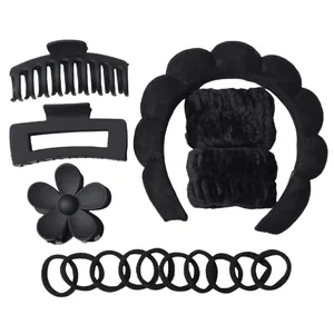 All-black hair accessory set with sponge headband, matte hair claws, and elastic scrunchies