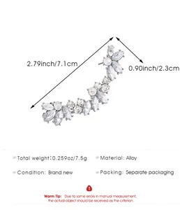 Detailed size chart for silver alloy ear crawler earrings with marquise crystals