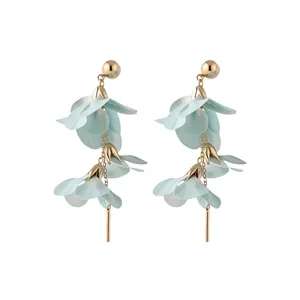 Bohemian style light blue mesh petal tassel drop earrings with gold plated studs