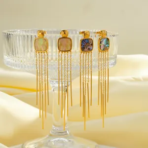 Detailansicht quadratischer Quastenohrringe mit Muschel-Inlays in Goldoptik.