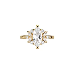 Elegant gold marquise-cut zircon ring with minimalist floral halo design for women