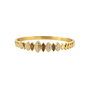 Bracelet jonc élégant en acier inoxydable doré avec zircons marquise et pierres brunes