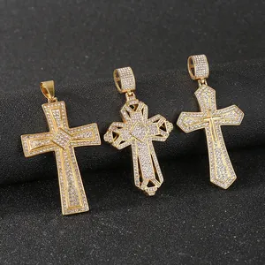 Collana Con Ciondolo A Croce Hip Hop Acciaio Al Titanio Placcato Oro Iced Out Zircone Strass Fiore Cavo Gioielli Uomo