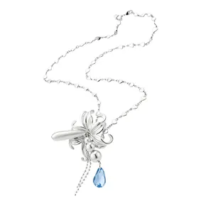 Elegant silver heart chain necklace with flower pendant, pearls and blue crystal
