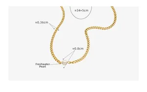 Detailed view of golden Cuban chain necklace with freshwater pearl and size specifications