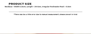 Size chart for freshwater pearl necklace showing width 0.36cm and length 34+5cm