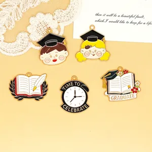 Graduation Season DIY Alloy Enameled Pendants Cartoon Boy Girl Book Clock Charms For Keychain Jewelry Making Bag Decoration