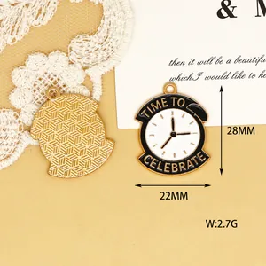 Detailed macro of alloy clock pendant with Time to Celebrate text and measurements