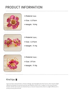 Détails du produit pour la bague et les boucles fleurs en émail rose avec taille et poids.
