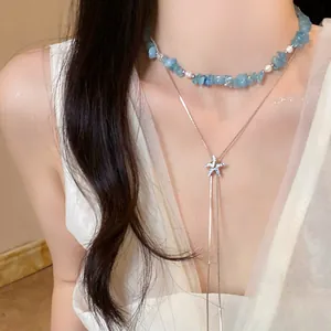 Collana con Pendente Stella Marina Conchiglia Blu Donna Lega Strass Perla Artificiale Pietra Naturale Gioielli