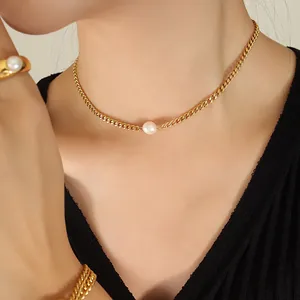 French Vintage Titanium Steel Freshwater Pearl Necklace PVD Gold Plated Clavicle Chain Ins Style Jewelry For Women