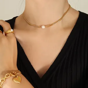 Gold plated curb chain necklace with pearl pendant and matching jewelry set for women