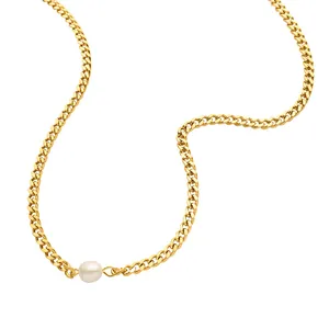 Golden titanium steel chain necklace featuring a single round white freshwater pearl pendant