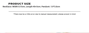 Detailed size chart for pendant necklace showing length 40 plus 5cm and 1.9 by 3.0cm pendant