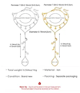 Detailed dimensions for multilayered star and moon hand chain bracelet with finger ring