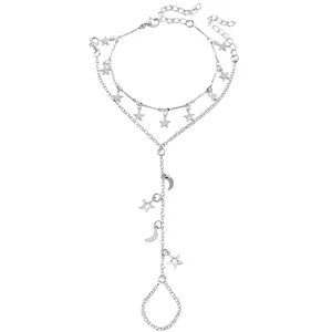Elegante bracciale da dito bohémien argento doppio strato con ciondolo stella e luna