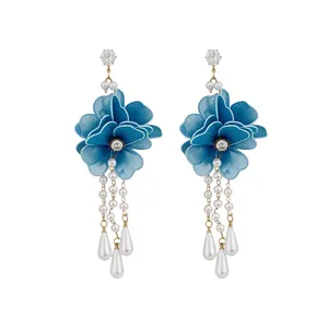 Blue mesh flower pearl drop earrings with silver needles for elegant holiday style