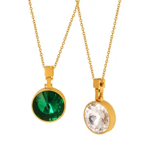 Elegant gold titanium steel necklace featuring round emerald green and clear glass pendants
