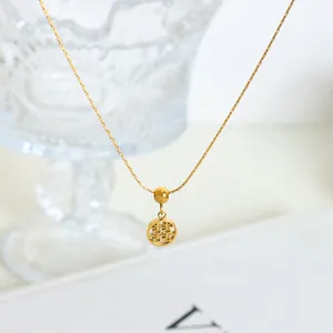 18k gold plated stainless steel Double Happiness necklace with hollow round pendant