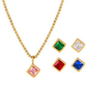 Vintage gold necklace with square emerald glass and multi-color stone pendants