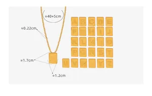 Detailed size specifications for gold square letter pendants with 40+5cm chain length
