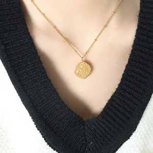 Portrait Pendant Necklace Titanium Steel 18K Gold Plated French Relief Abstract Character Square Medal Beaded Chain Jewelry