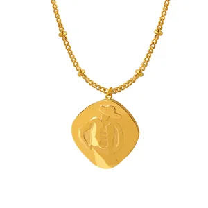 Artistic 18K gold geometric diamond pendant necklace with relief portrait detail