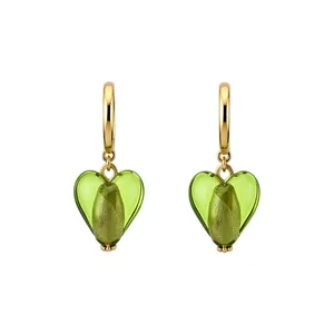 Elegant 24k gold plated heart earrings with green glass drops and textured detail