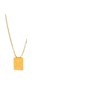 Gold plated stainless steel square pendant necklace featuring an engraved letter X