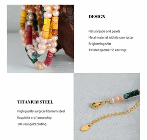 Detail view of natural freshwater pearls and colorful jade stones on 18K gold plated necklace