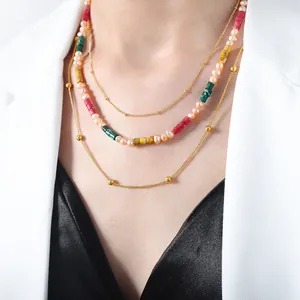Three-layer layered necklace featuring freshwater pearls and natural colorful jade beads