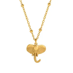 Minimalist gold elephant head pendant necklace with beaded stainless steel chain for women
