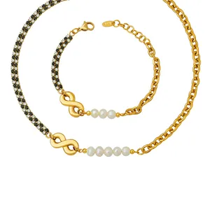 18K gold geometric jewelry set with infinity charms, pearls and pavé cubic zirconia