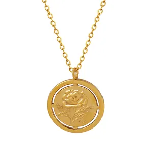 Collier vintage avec pendentif fleur de rose dorée et chaîne en acier inoxydable