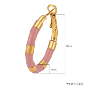 Elegant pink enamel bamboo style hoop earrings made of gold-plated stainless steel, 30mm diameter