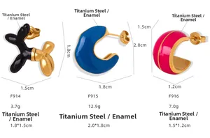 Detailed view of colorful titanium steel earrings with sizes and weights specifications