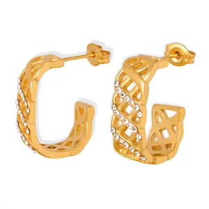 Baroque hollow grid C-shape earrings in gold with sparkling Czech rhinestones for women