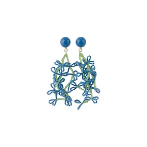 Elegant summer blue beaded tassel earrings featuring a delicate floral vine design.