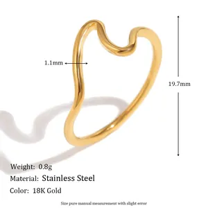 Minimalist stainless steel wave ring with 18K gold plating for women, 1.1mm width