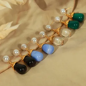 Elegant gold titanium steel earrings with round pearls and colorful teardrop resin charms