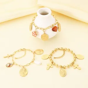 Bracelet en Acier Inoxydable Plaqué Or Style Religieux Vintage Français Avec Plusieurs Pendentifs Croix Coeur Vierge Marie Bijoux