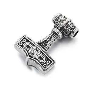 Vintage Viking Thor's Hammer Mjolnir pendant in polished stainless steel for men's jewelry