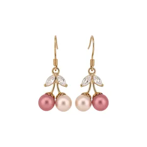 Elegant cherry-shaped hook earrings featuring pink satin beads and clear marquise zircons