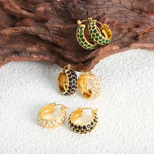 U-shaped 18k gold plated titanium hoop earrings set with green, black and white crystals