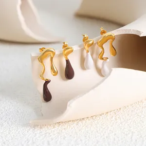 Artistic gold-plated asymmetric earrings with brown and cream enamel on ceramic