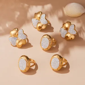 6-piece gold stainless steel ring set featuring clover flowers and crystal oval designs