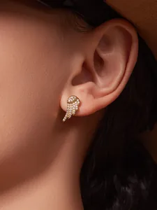 Close-up of golden wing earrings with white zircons worn by a model in a luxury style