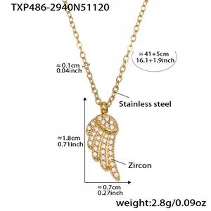 Detailed dimensions of gold wing pendant necklace with cubic zircon and stainless steel
