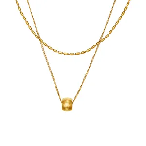 Collier double rang plaqué or 18k avec chaîne à billes et pendentif cylindrique