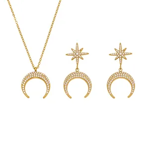 Set gioielli in acciaio inossidabile dorato con pendenti a stella e luna in zircone